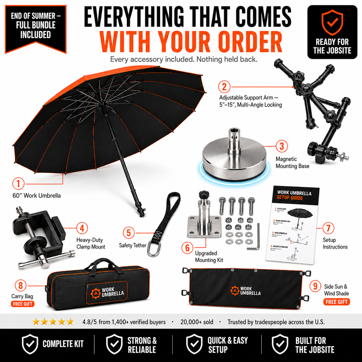 FieldBuiltSupply™ 60″ Magnetic Adjustable Work Umbrella – Reinforced 16-Ribbed Carbon