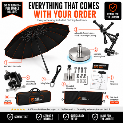 FieldBuiltSupply™ 60″ Magnetic Adjustable Work Umbrella – Reinforced 16-Ribbed Carbon