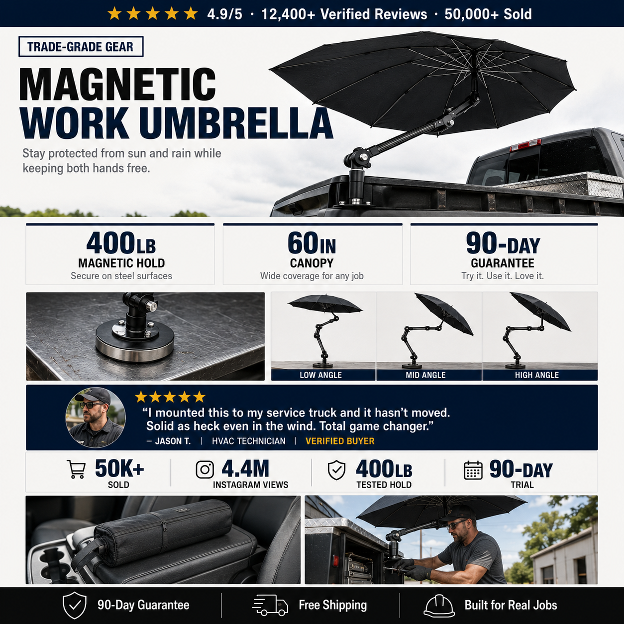 FieldBuiltSupply™ 60″ Magnetic Adjustable Work Umbrella – Reinforced 16-Ribbed Carbon