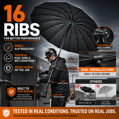 FieldBuiltSupply™ 60″ Magnetic Adjustable Work Umbrella – Reinforced 16-Ribbed Carbon